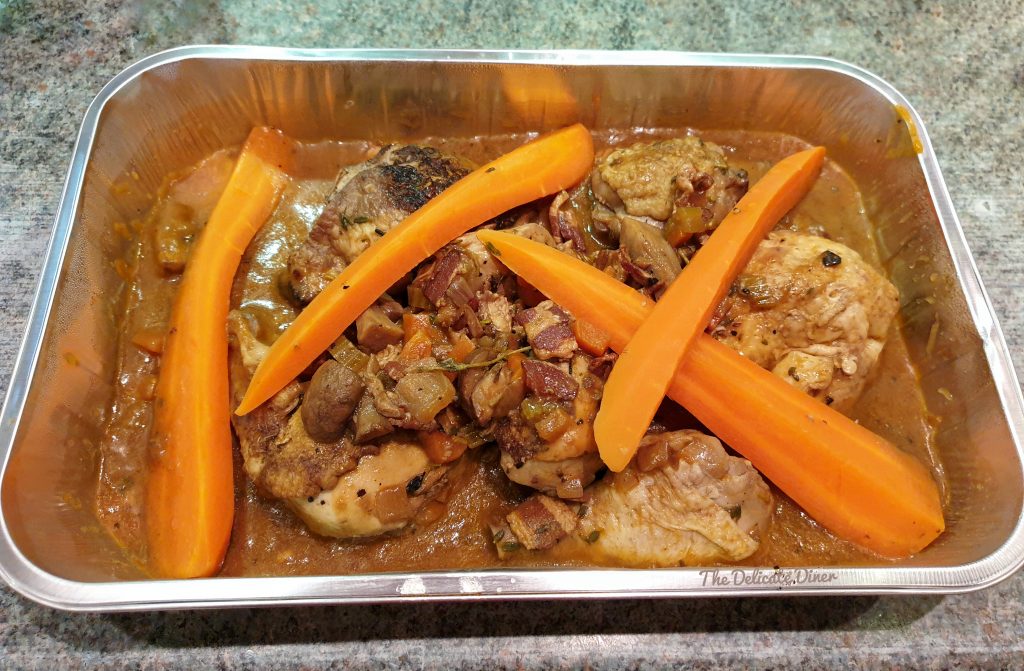 Review of Goodies Posh Nosh dine at home takeaway. The coq au vin as it arrived from Goodies. 