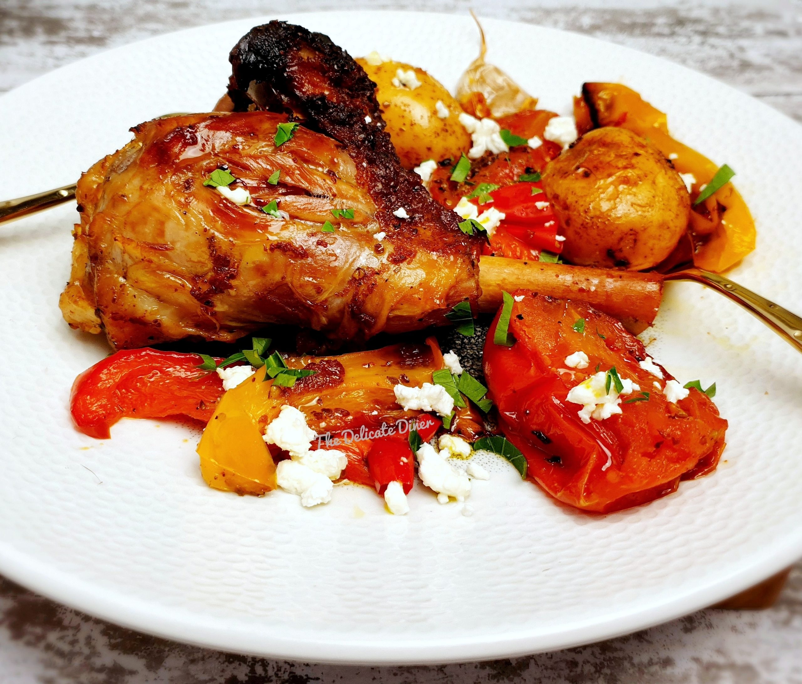 Honey Harissa lamb shanks Yare Valley Oil potatoes garlic