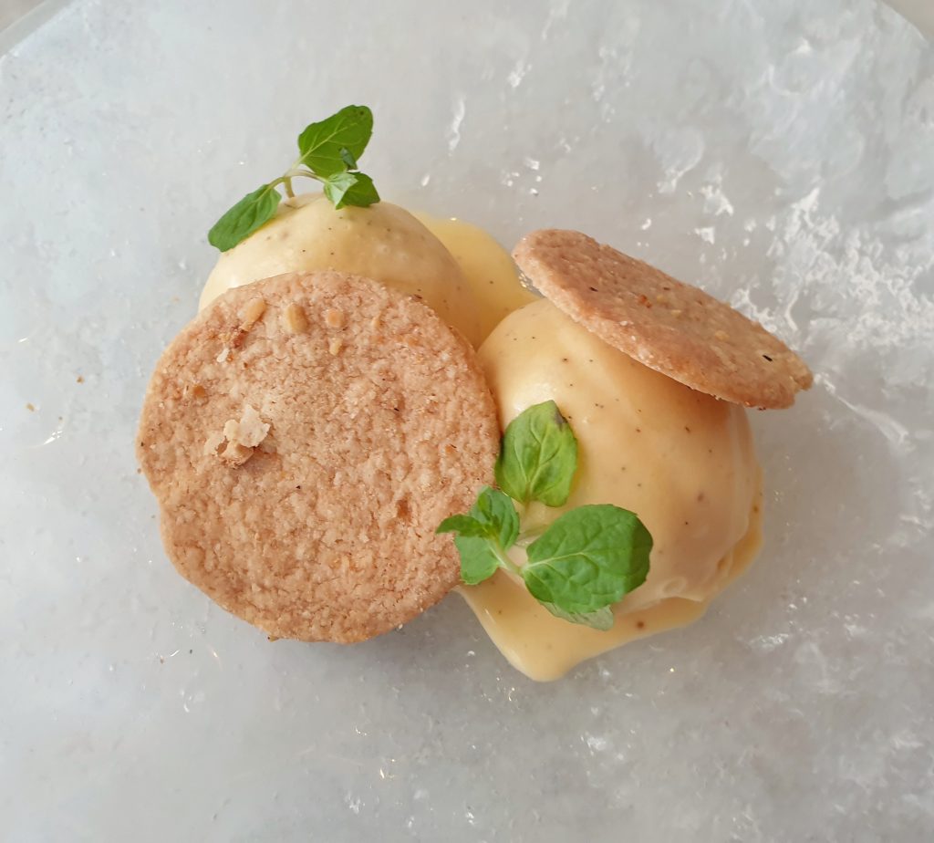 Fig leaf ice cream and hazelnut shortbread