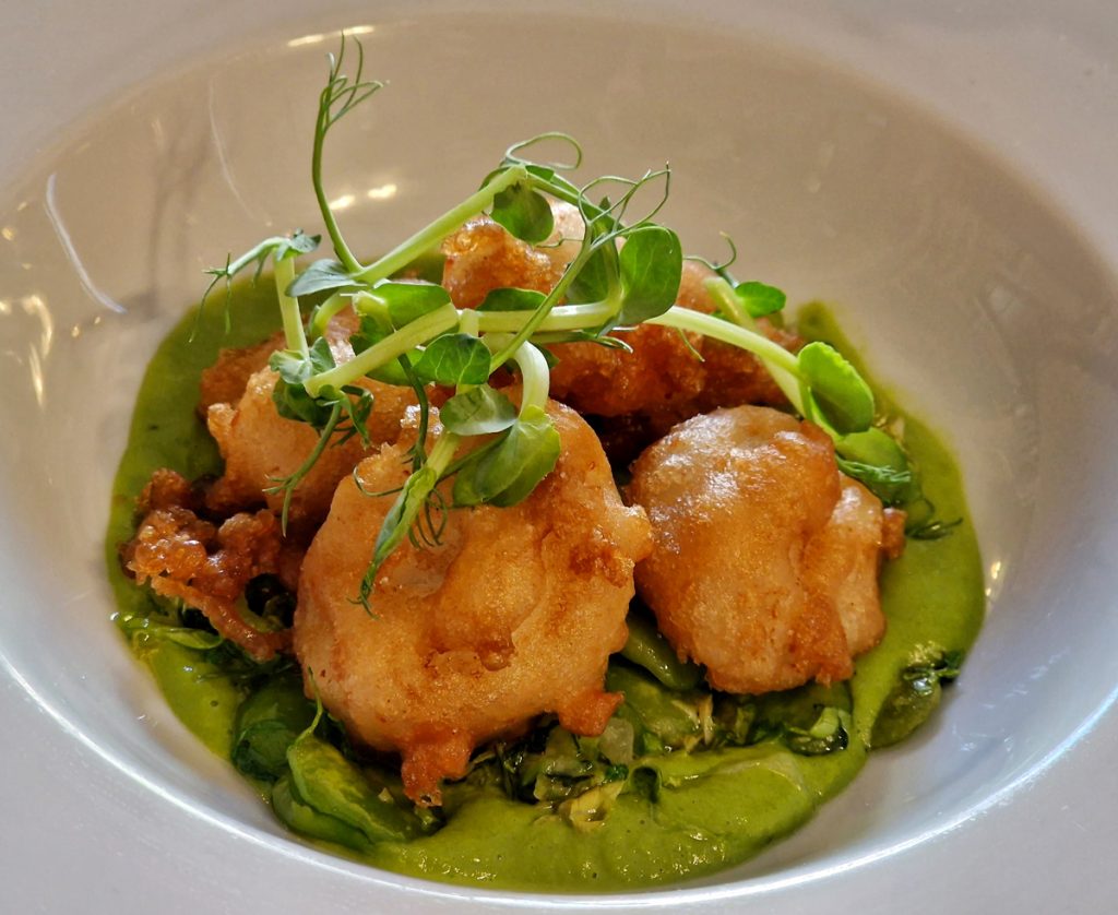 Cod cheeks with pea purée at The Swan Loddon