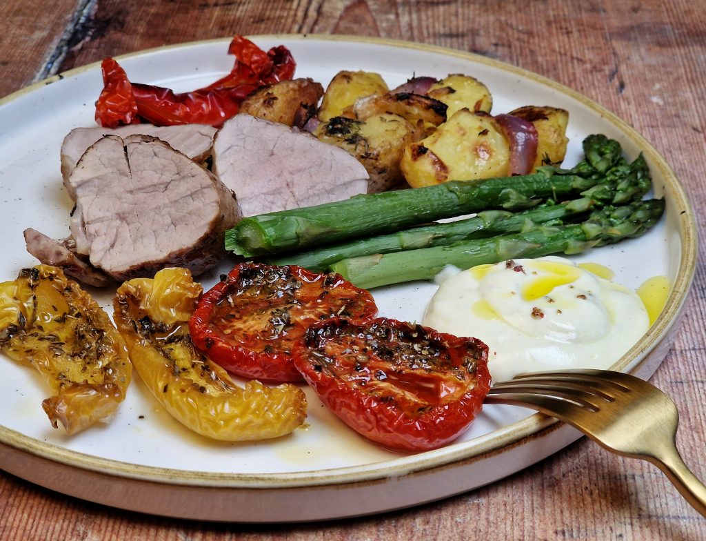 Pork tenderloin, potatoes, asparagus, lemon, Skyr, The Delicate Diner, Old Hall Farm