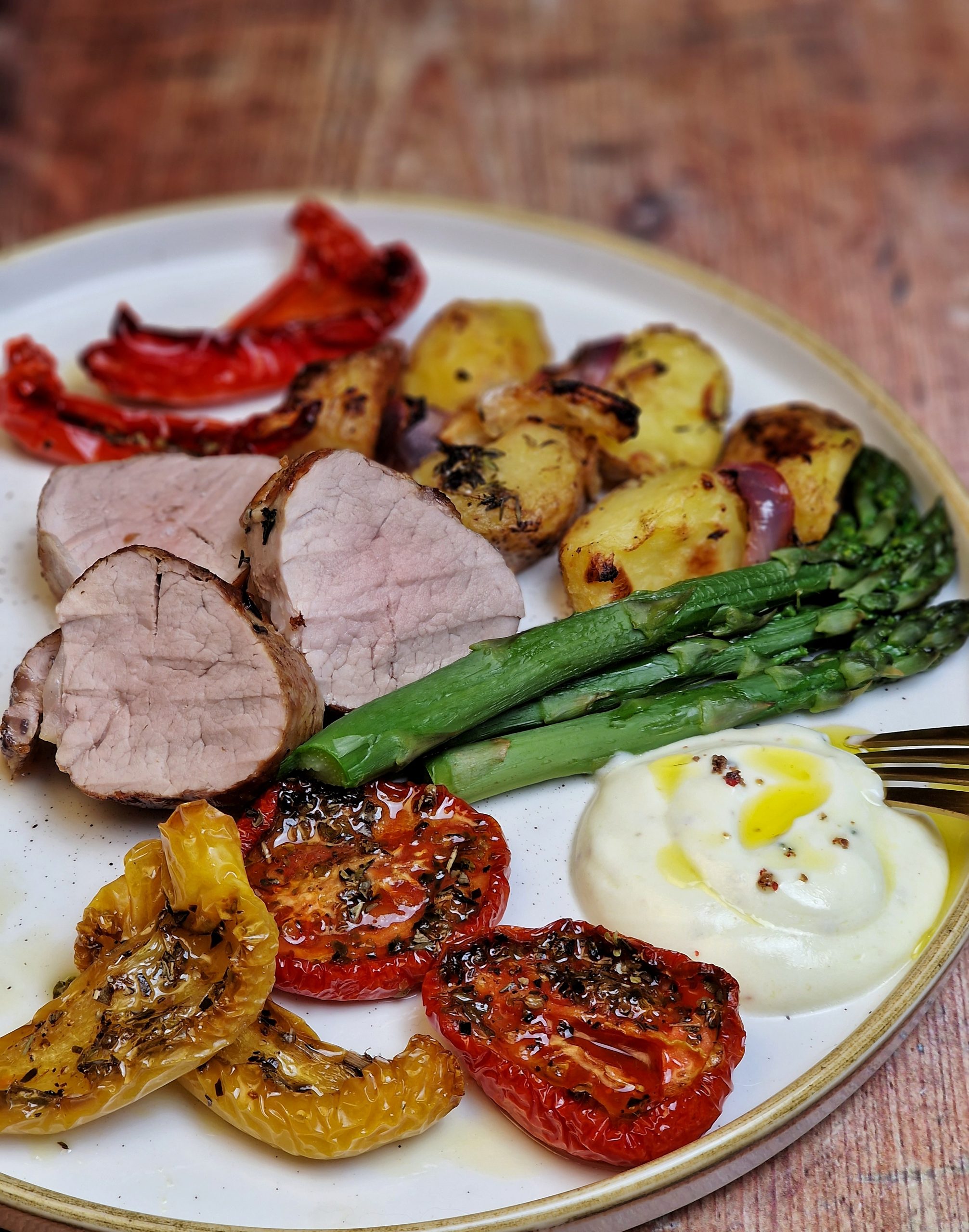 Pork tenderloin, potatoes, asparagus, lemon, Skyr, The Delicate Diner, Old Hall Farm